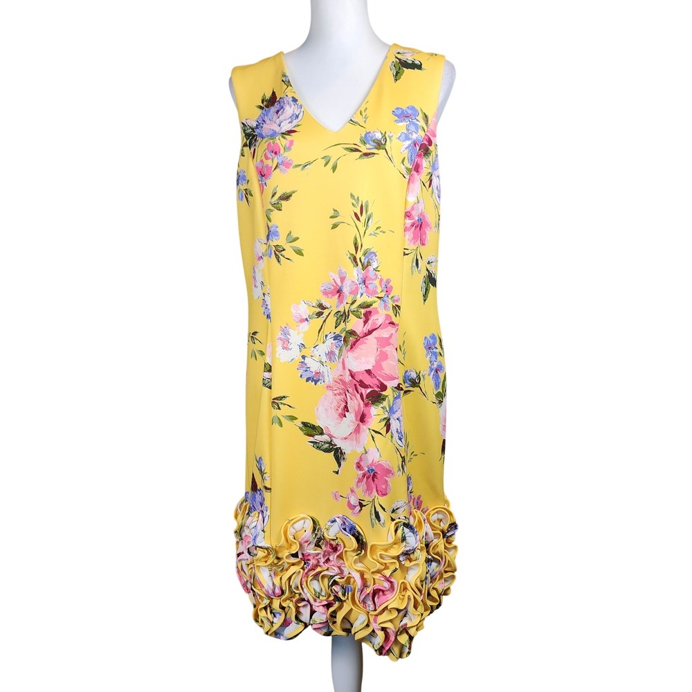 Donna Ricco Sheath Dress Womens 14 Yellow Floral Ruffle Hem Wedding Guest Event